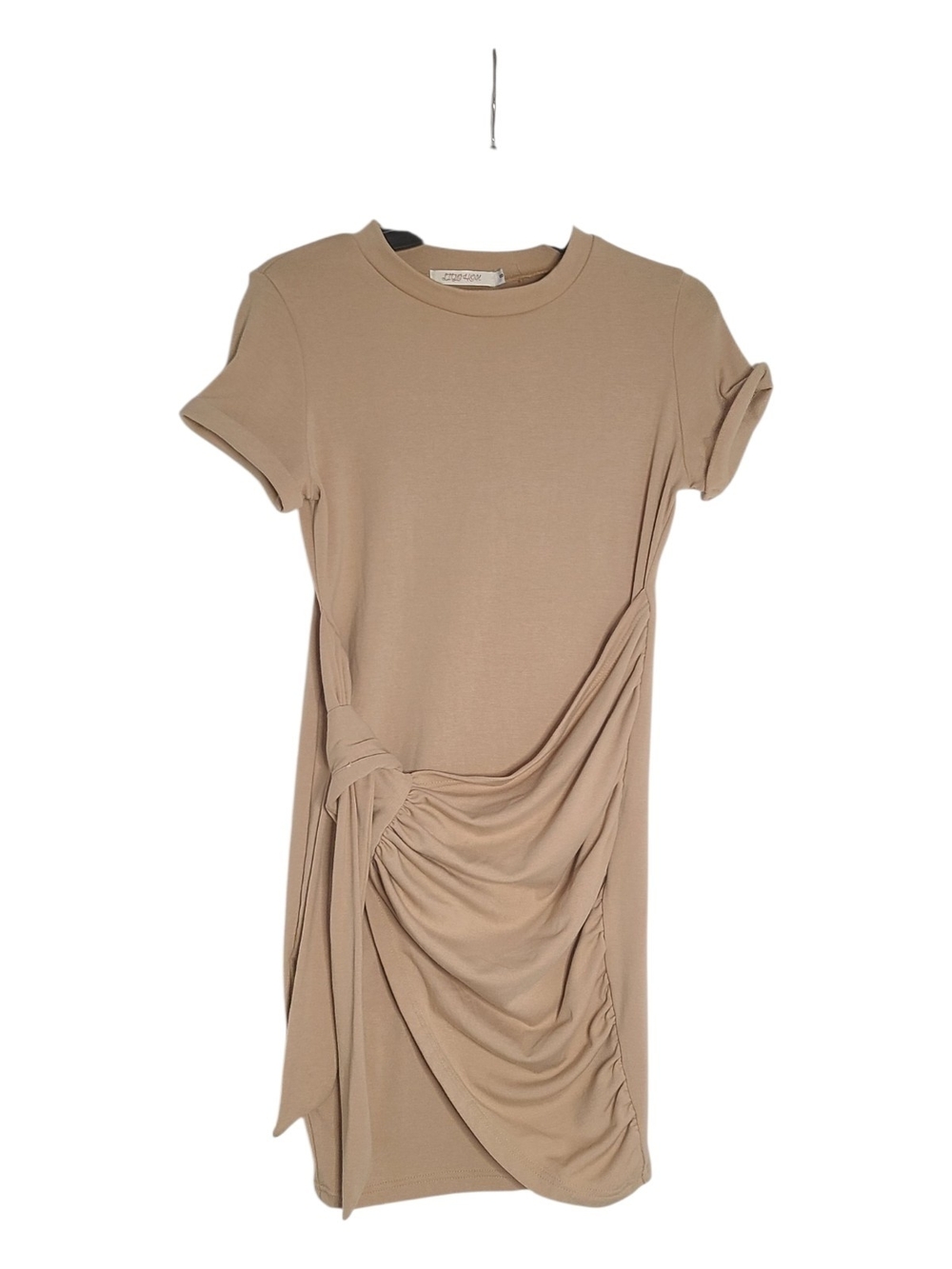 LIYOHON Tan Ruched Side Tie Cotton Blend Bodycon Knit Mini Dress Small S